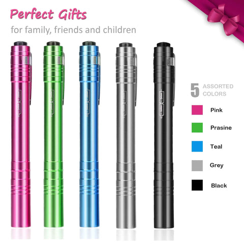 5 Pack LED Penlight Set With 10 Preinstalled Batteries, Aluminum Clip Flashlights shown in five colors: pink, green, blue, gray, black.