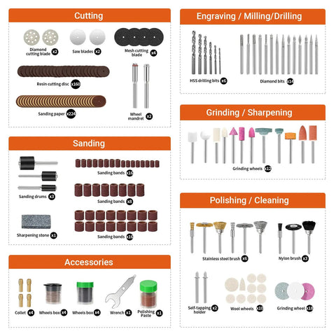 Go To Heavy Duty Rotary Tool Bits Kit With Universal Collet Set, Dead Nut Fit For Any Mainstream Brand Plus Bang For Buck Accessories Pack for various cutting, engraving, sanding tools.