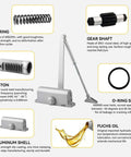 Heavy Duty Automatic Door Closer With Spring Hydraulic Action components, aluminum alloy body, surface mounted, shown with parts and specifications.