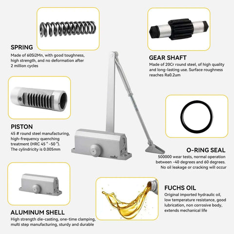Heavy Duty Automatic Door Closer With Spring Hydraulic Action components, aluminum alloy body, surface mounted, shown with parts and specifications.