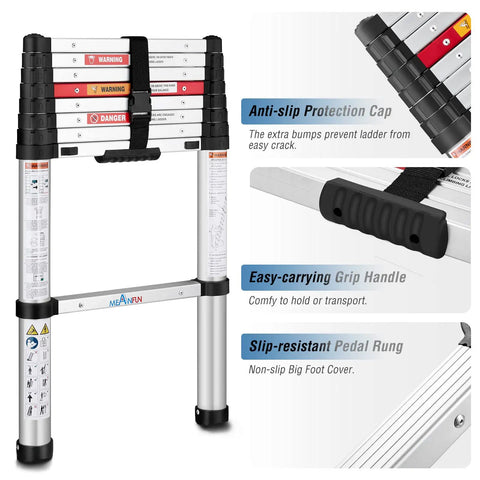 Aluminum Telescoping Ladder 8.5 Ft With One Button Safe Close, Foldable Extension Ladder For RV Roof Loft, black grip handle