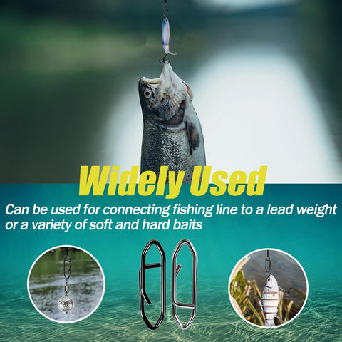Speed Clips Fishing Tackle Kit 120 Piece With Three Sizes S M L And Storage Box Quick Change Connectors For Saltwater Freshwater Lures Stainless Steel Corrosion Resistant showing use with fish and lures.