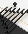 Matte Black Cabinet Pulls 5 Inch Center To Center Zinc Alloy Kitchen Cabinet Handles 10 Pack displayed on white and black surface