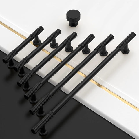 Matte Black Cabinet Pulls 5 Inch Center To Center Zinc Alloy Kitchen Cabinet Handles 10 Pack displayed on white and black surface