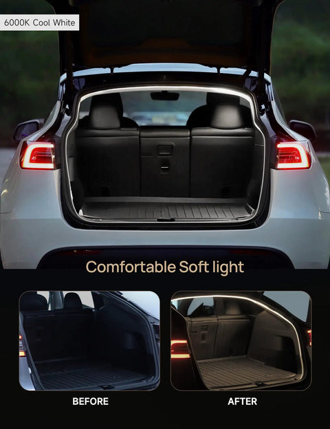 Dual Color Trunk LED Light Strip For Tesla Model Y 2025 2026 Juniper Edition with cool white illumination, trunk open view