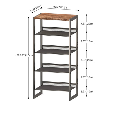 Dimensions of Hella Narrow Five Tier Shoe Rack With Classic Wooden Top Reinforced Steel Mesh, 36 inches tall.