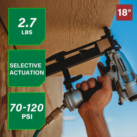 Hand using Pro Grade Finish Stapler for carpentry, 18 gauge pneumatic nailer with metal construction, selective actuation