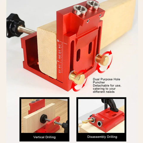 Heavy Duty Pocket Hole Jig Kit With Dual Scale Sliders And Precision 15 Degree Angle For Knockout Cabinet Joints And No Sweat Furniture Builds At Home showing red steel frame with adjustable guides for precise drilling.
