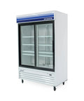 Straight Up Heavy Duty Commercial Glass Door Refrigerator With 53 Inch Width And 45 Cubic Feet Storage Featuring Zero Sweat Digital Temp Settings Flexible Wire Bins And Top Shelf Internal Led Brightness, front view with clear doors.