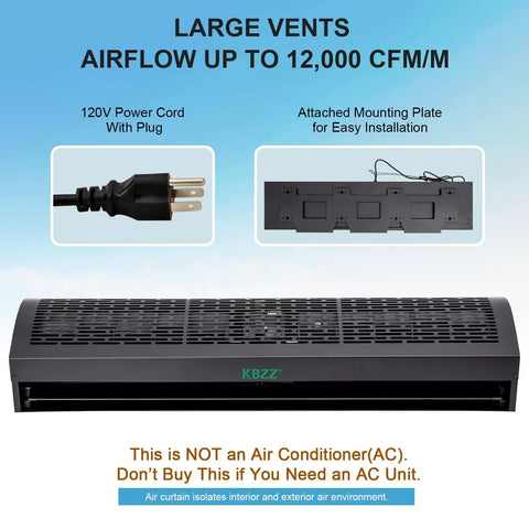 Heavy Duty 36 Inch Wall Mount Black Air Curtain Fan With Magnetic Switch And Three Speed Settings For Commercial Spaces with large vents and power cord.