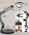 Diagram of 8X Magnifying Glass With Light And Stand For Handy Hobby DIY Close Work Real Glass Magnifier Desk Lamp And Clamp Base