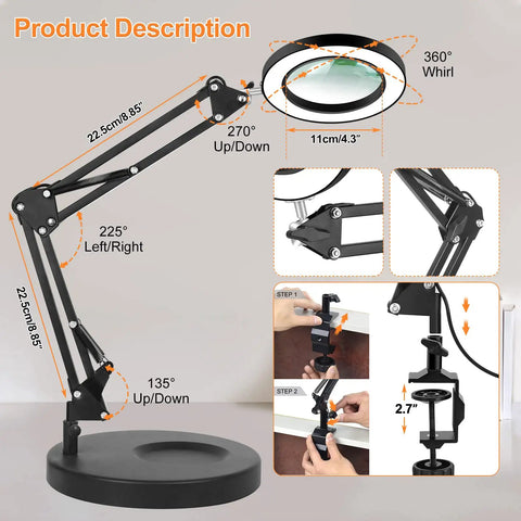 Diagram of 8X Magnifying Glass With Light And Stand For Handy Hobby DIY Close Work Real Glass Magnifier Desk Lamp And Clamp Base