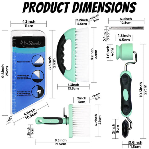 Pro Gear Wallpaper Tools Kit With Seam Roller For Flat And Corner Edges dimensions display with squeegee and tools.