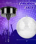 8 Inch Hanging Disco Ball With Motor And Light 6 RPM Rotating Mirror Ball Featuring 4 RGBW Colors And 18 LEDs Battery Powered DJ Club Decor For Party Vibes Sound Activated Or Always On Modes shown with dimensions.