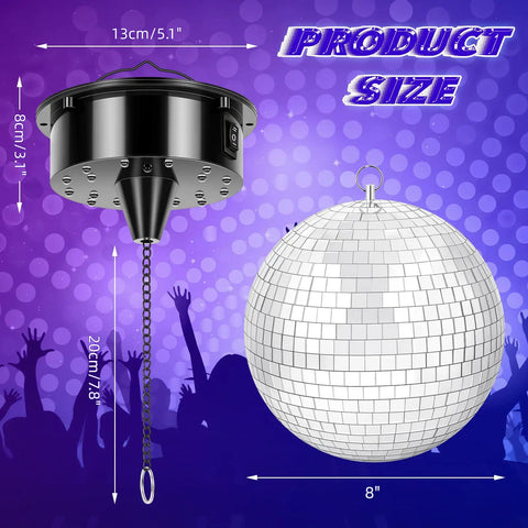 8 Inch Hanging Disco Ball With Motor And Light 6 RPM Rotating Mirror Ball Featuring 4 RGBW Colors And 18 LEDs Battery Powered DJ Club Decor For Party Vibes Sound Activated Or Always On Modes shown with dimensions.