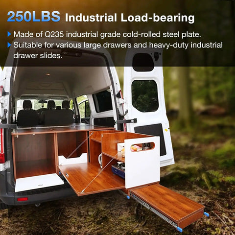 Van with cabinet setup showcasing heavy-duty drawer on Beefy Locking Drawer Slides Full Extension Runners With Lock For Side Mount Rails Works With Cabinets And Furniture 12 To 40 Inch Options 187 Lb Capacity Steel Ball Bearing Rails Durable 1 Pair