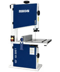 Heavy Duty Ten Inch Deluxe Bandsaw Featuring Half Horsepower Motor And Rock Solid Cast Iron Table Built For Sweet Curved Cuts And Badass Straight Cuts In Serious Woodworking Shops with blue body and 10 inch table.