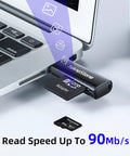 128GB MicroSDXC Memory Card with Adapter inserted in laptop showcasing read speed of up to 90 MB/s for dashcams and security cameras