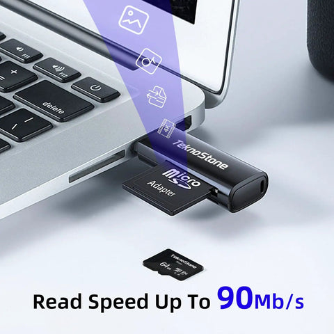 128GB MicroSDXC Memory Card with Adapter inserted in laptop showcasing read speed of up to 90 MB/s for dashcams and security cameras