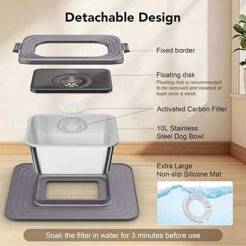 Exploded view of Stainless Steel Dog Water Bowl Filter Kit With 5 Replacement Filters For 7L And 10L Square Bowls Keeps Water Fresh Longer Easy To Soak Clean And Replace For Your Pup Hydration