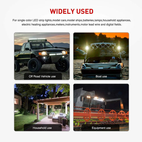 Badass Heavy Duty 2 Pack 16 Awg 10 Ft Wiring Harness Extension Kit For Led Work Light Bars And Pods Off Road Truck Rig Setup No Mess Easy Install Black shown in various uses including off-road vehicle, boat, household, and equipment setups.