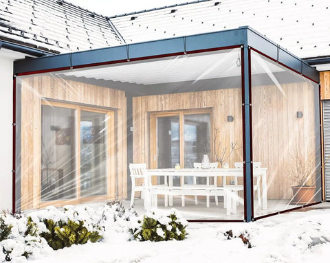 Top Shelf Heavy Duty Clear Vinyl Tarp 8x10 Feet Waterproof Transparent Cover For a patio in snowy weather with steel grommets.