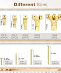 Killer 322 Piece Picture Hanging Hardware Kit With Heavy Duty Wall Mount Anchors And Reliable Frame Hooks For Zero Stress Drywall Art Display And Professional Diy Home Upgrade showing various gold hooks and nails sizes.