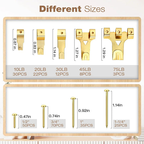 Killer 322 Piece Picture Hanging Hardware Kit With Heavy Duty Wall Mount Anchors And Reliable Frame Hooks For Zero Stress Drywall Art Display And Professional Diy Home Upgrade showing various gold hooks and nails sizes.