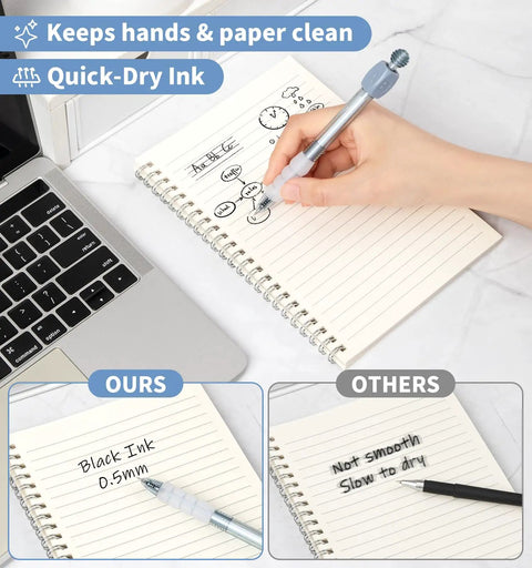 Person using Nine Pack Gel Pens With 0.5mm Black Ink Fidget Cube Pen For Quick Drying to write on notebook, laptop nearby.
