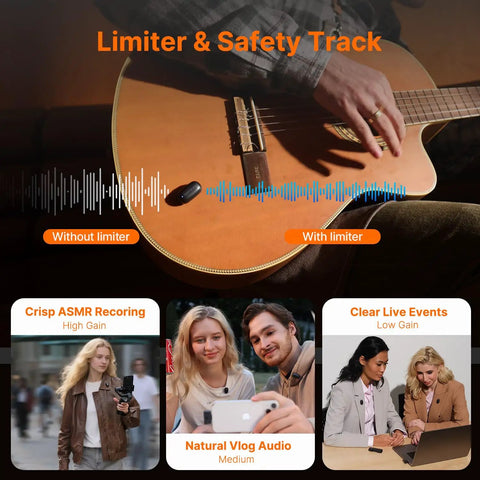 Fingers adjusting limiter on acoustic guitar, featuring Air SE Wireless Mini Mic For iPhone And Android With AI Noise Cancellation