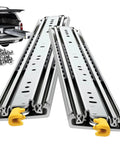 Heavy Duty Full Extension Drawer Slides Pair Bully Tough Ball Bearing Side Mount Guides with smooth rollers in a 12 inch steel track.