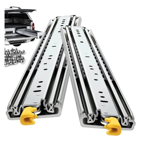 Heavy Duty Full Extension Drawer Slides Pair Bully Tough Ball Bearing Side Mount Guides with smooth rollers in a 12 inch steel track.