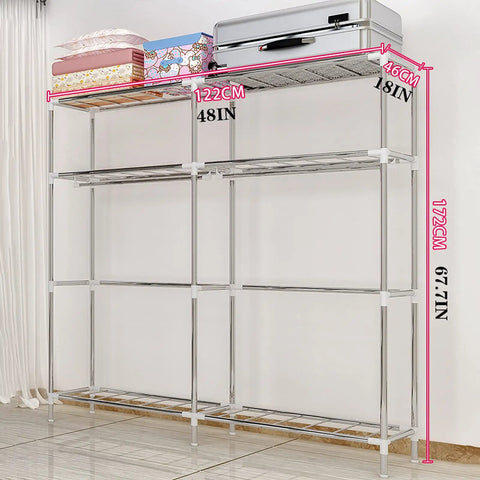 Straight Up Sturdy Portable Fabric Closet With Washable Tear Resistant Cover And Quick Pop Up Setup For Bulk Clothing Organization In Dorms Or Small Spaces As A Heavy Duty Wardrobe Gear showing dimensions and steel frame with shelves.