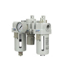 Front view of Compressed Air Filter Regulator Lubricator Pro Grade Combo With Gauge And Manual Drain Half Inch NPT Poly Bowl With Metal Guard