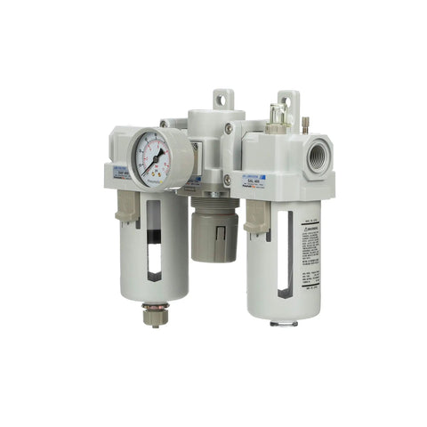 Front view of Compressed Air Filter Regulator Lubricator Pro Grade Combo With Gauge And Manual Drain Half Inch NPT Poly Bowl With Metal Guard