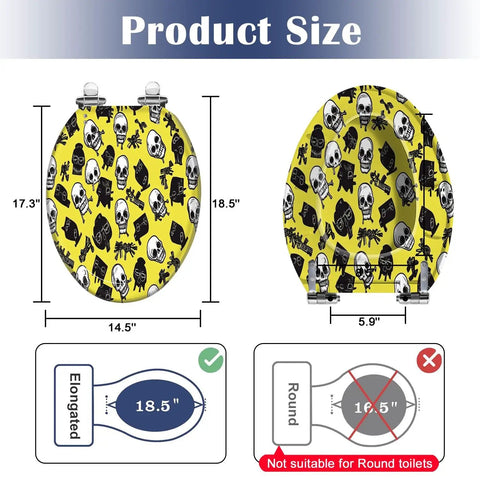 Elongated Toilet Seat for Bathroom features dimensions 18.5" length and 14.5" width with a unique skull design.