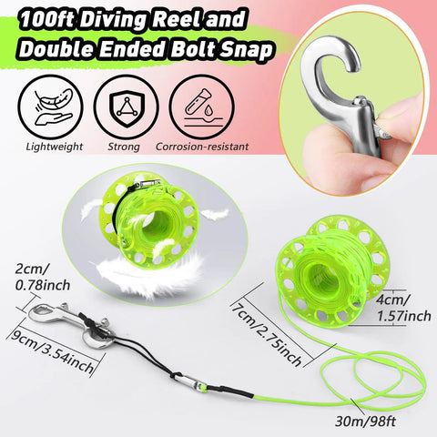 DSMAndReelSet5ftHighVisibilitySurfaceMarkerBuoyWith100ftDiveReel,316SSBoltSnap,OralOrOctoInflationTube,FluorescentYellowSignalingGearForDeepDives