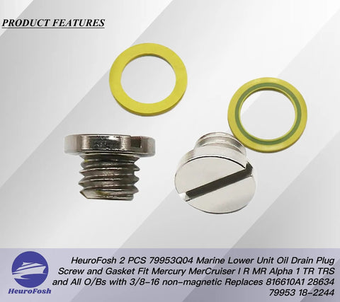 2 Pack Marine Lower Unit Oil Drain Plug Screw With Gasket Non Magnetic Three Eighths Inch Sixteen Thread Fits Mercury MerCruiser
