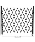 Built Like A Tank Foldable Security Gate 48 By 71 Inch Expandable Iron Frame Barrier, diamond grid design with dimensions.