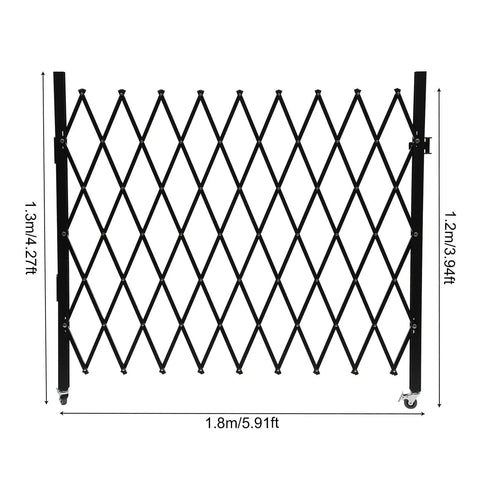 Built Like A Tank Foldable Security Gate 48 By 71 Inch Expandable Iron Frame Barrier, diamond grid design with dimensions.