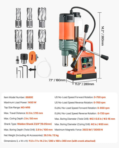 Hardcore 1450W Magnetic Core Drill 2 Inch Hole Capacity 2922 Pound Holding Force Variable Speed Copper Motor Pro Grade Machine with bits.