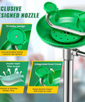 Emergency Stand Up Eye Wash Station Floor Mounted Eyewash System For Workplace Safety ANSI Compliant Built Tough 304 Stainless Steel Frame With Twelve Liters Per Minute Flow Rate Easy Install Durable Eyewash Basin, green nozzle close-up