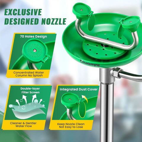 Emergency Stand Up Eye Wash Station Floor Mounted Eyewash System For Workplace Safety ANSI Compliant Built Tough 304 Stainless Steel Frame With Twelve Liters Per Minute Flow Rate Easy Install Durable Eyewash Basin, green nozzle close-up