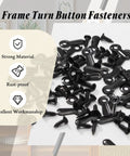 Front view: Black metal frame turn-button fasteners with screws, 100-pack for hanging pictures.