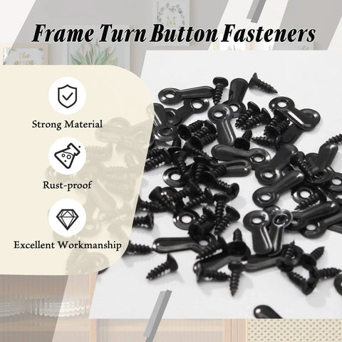 Front view: Black metal frame turn-button fasteners with screws, 100-pack for hanging pictures.
