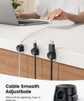 Spring Lock Cable Clips 6 Pack For Desk Nightstand Wall Car Office Cord Management Adhesive Wire Organizer For Phone Chargers Easy Install Smooth Adjustable Cable Keeper shown on desk