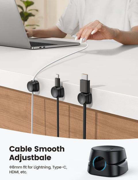 Spring Lock Cable Clips 6 Pack For Desk Nightstand Wall Car Office Cord Management Adhesive Wire Organizer For Phone Chargers Easy Install Smooth Adjustable Cable Keeper shown on desk