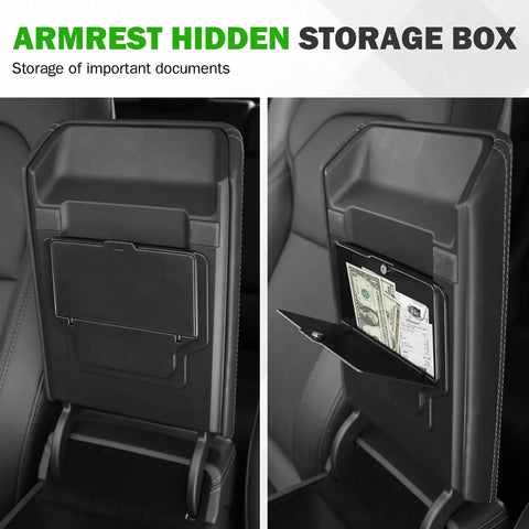 Armrest hidden storage box in 9-Piece Center Console Organizer Set For Tesla Model Y Juniper 2026 With Anti-Slip Wireless Charging Pad.