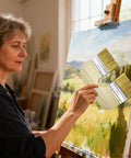 Artist painting landscape with double bristle limewash brush for brick walls and exterior surfaces on canvas.