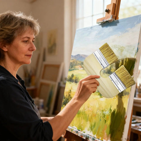 Artist painting landscape with double bristle limewash brush for brick walls and exterior surfaces on canvas.